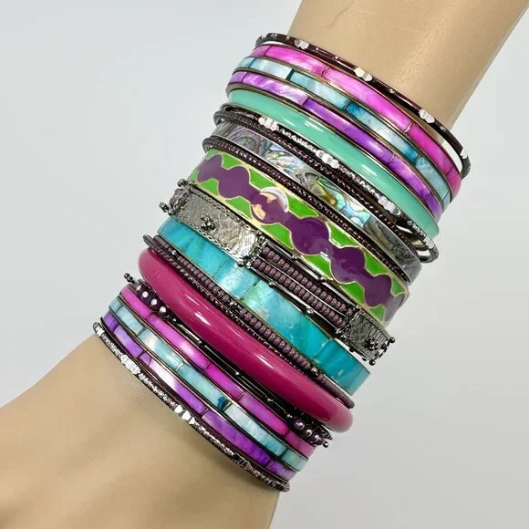 Boho Bangle Bracelet Stack: Vintage India Enamel & Shell Set (17pc) - Picture 5 of 5